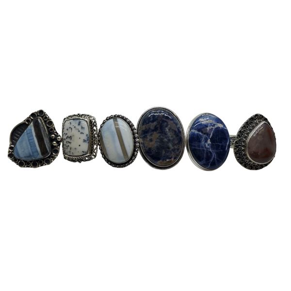 6 New Polished Natural Agate Rings in Silver Settings (Dendrite, Crazy Lace, Sodalite& More) * all s