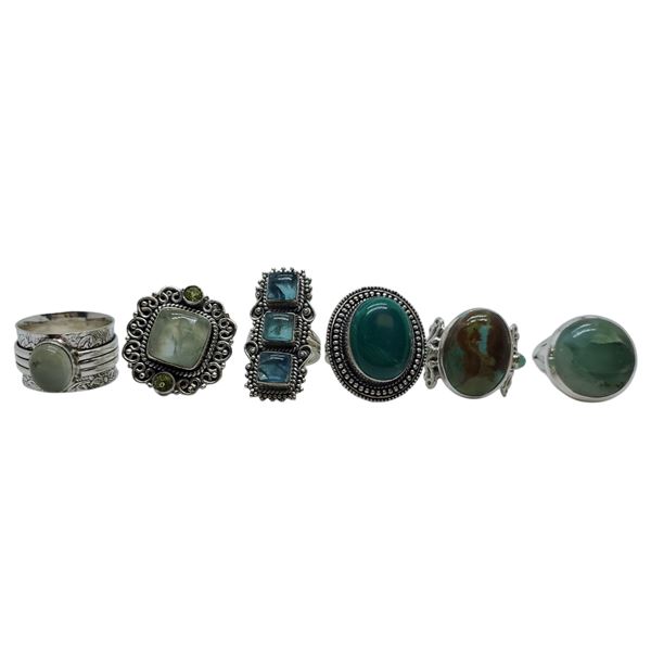 6 New Polished Natural Green Agate, Jade, Green Turquoise & Prehnite Rings in Silver Settings * all