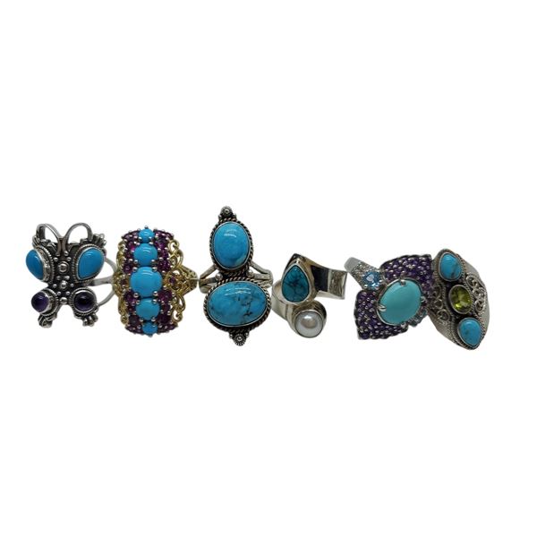 6 New Turquoise Rings with Accent Stones (Amethyst. Pearl, Garnet & Topaz) in Silver Settings * all