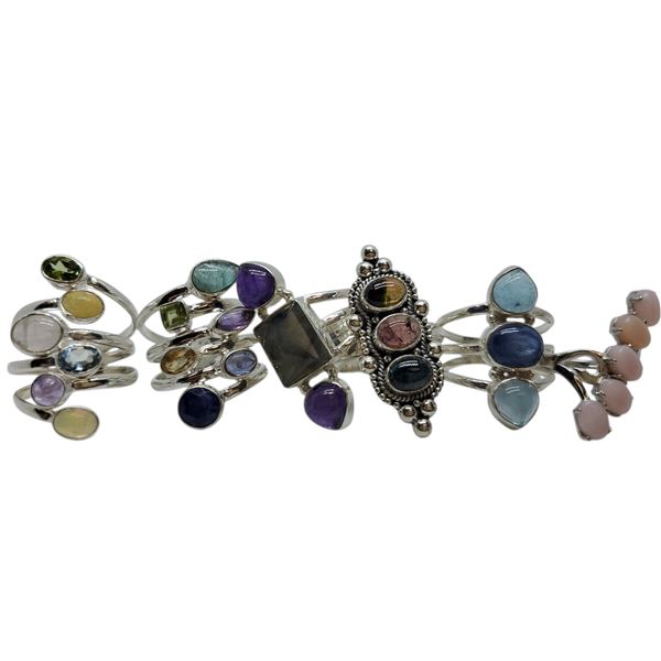 6 New Multi-Gemstone Rings in Silver Settings * all stamped .925 (Amethyst, Topaz, Labradorite, Peri
