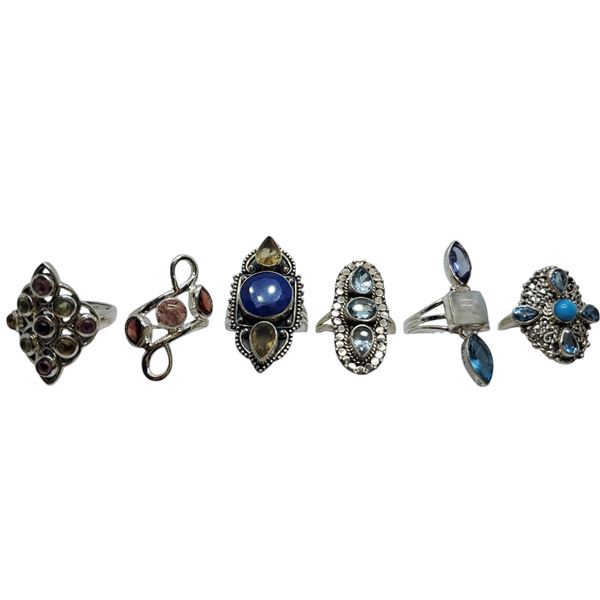 6 New Multi-Gemstone Rings in Silver Settings * all stamped .925 (Turquoise, Topaz, Citrine, Garnet