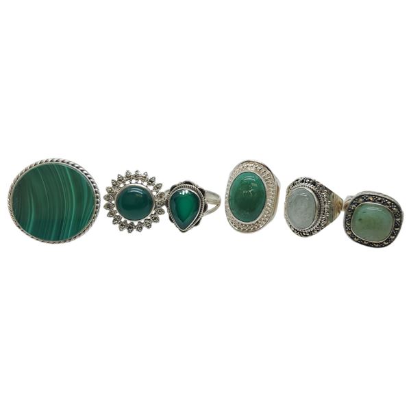 6 New Green Natural Stone Rings in Silver Settings * all stamped .925 (Malachite, Prehnite, Turquois