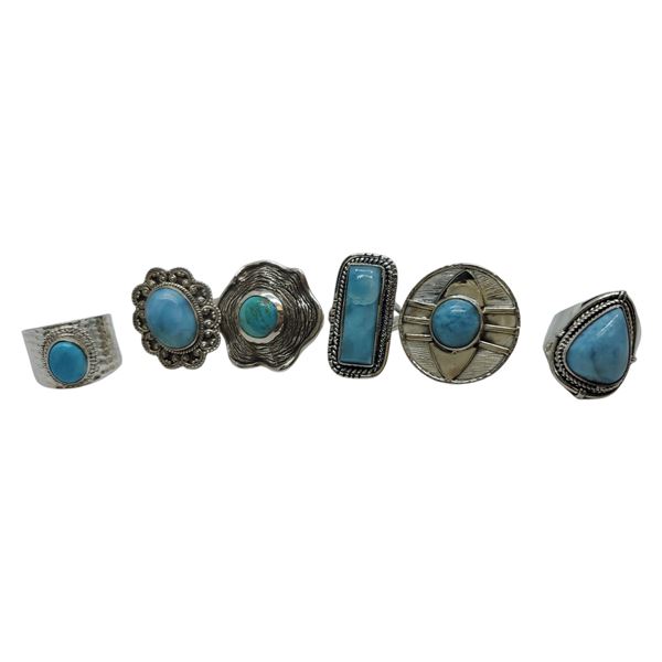 6 New Blue Turquoise & Blue Lace Agate Rings in Silver Settings * all stamped .925 (longest ring is