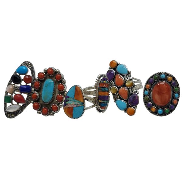 6 New Colourful Inlaid & Multi-gemstone Rings in Silver Settings * all stamped .925 (longest ring is