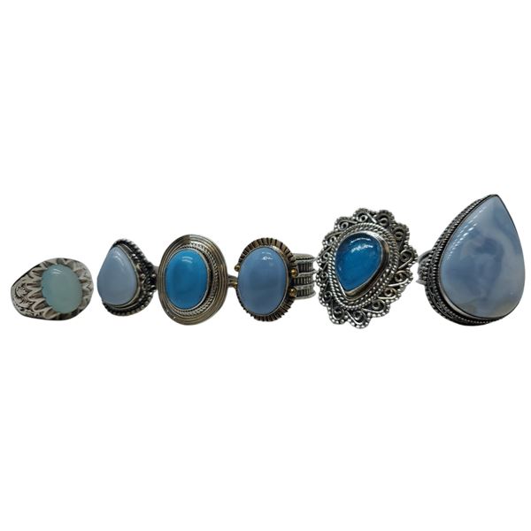 6 New Polished Larimar, Blue Lace Agate, Chalcedony & Blue Kyanite Rings in Silver Settings * all st