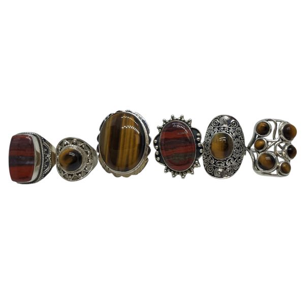6 New Tiger's Eye and Iron Tiger's Eye Rings in Silver Settings * all stamped .925 (longest ring is