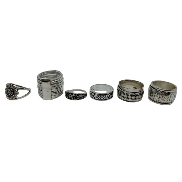 6 New .925 Silver Rings with a Variety of Designs * all stamped 925  * Total weight: 46.8 grams