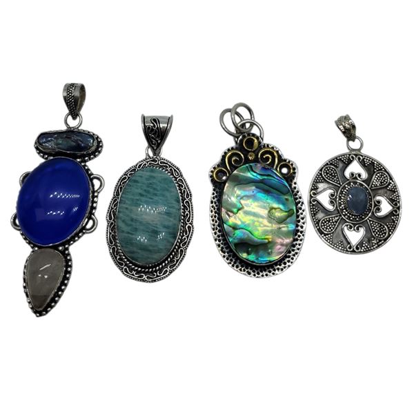 4 New Natural Gemstone & Abalone Pendants * all stamped .925 (Abalone, Opal, Blue Kyanite, and Amazo