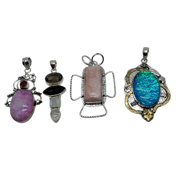 4 New Polished & Faceted Gemstone & Crystal Pendants * all stamped .925 (Citrine, Triplet Opal, Rain