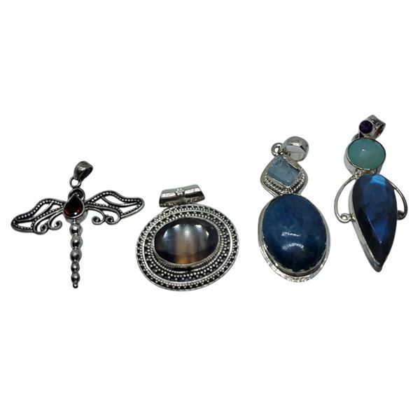 4 New Polished & Faceted Gemstone & Crystal Pendants * all stamped .925 (Garnet, Fluorite, Labradori