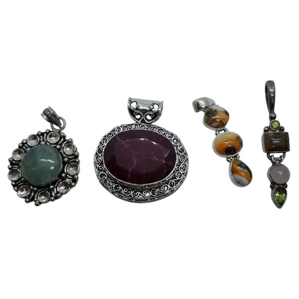 4 New Polished & Faceted Gemstone & Crystal Pendants * all stamped .925 (Ruby, Oyster Turquoise, Mos