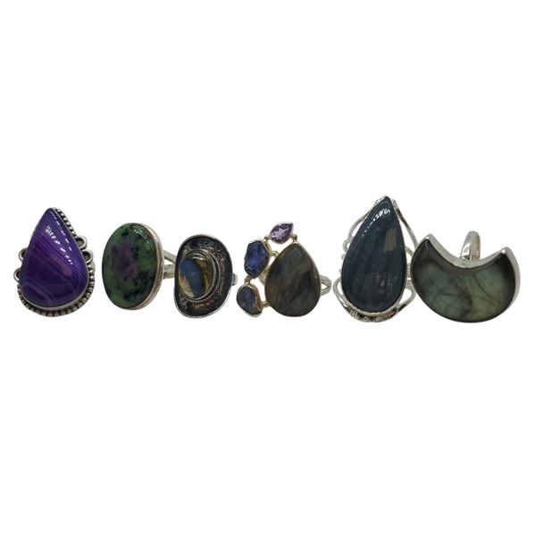 6 New Labradorite, Ruby Zoisite & Purple Botswana Agate Ring in Silver Settings * all stamped .925 (