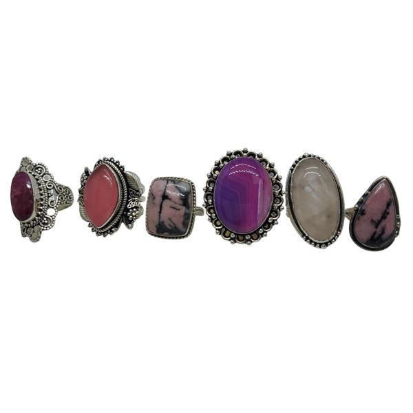 6 New Botswana Agate, Rose Quartz, Rhodonite & Pink Opal Rings in Silver Settings * all stamped .925