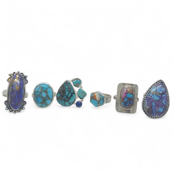 6 New Blue, Purple and Oyster Turquoise Rings in Silver Settings * all stamped .925 (longest ring is