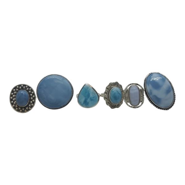 6 New Blue Larimar and Ocean Agate Rings in Silver Settings * all stamped .925 (longest ring is 36 m