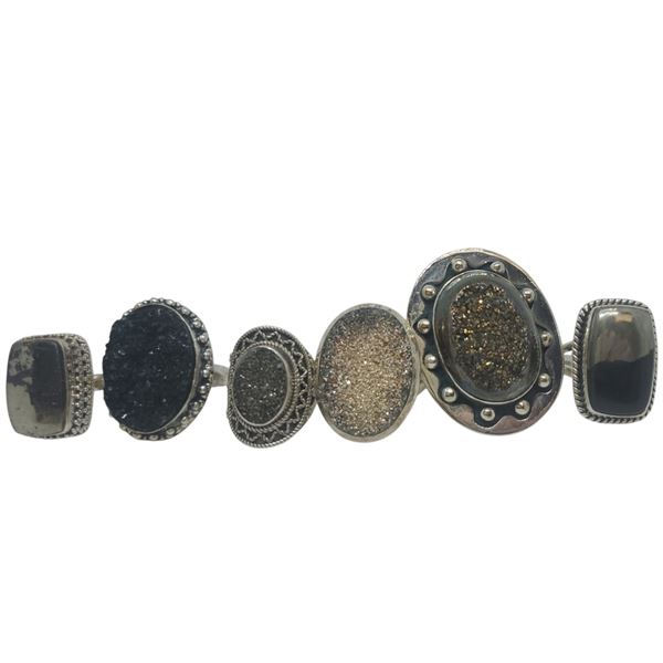 6 New Polished Pyrite and Raw Druzy Rings in Silver Settings * all stamped .925 (longest ring is 37