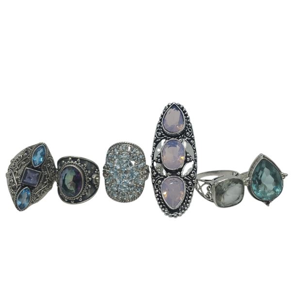 6 New Faceted Crystal and Quartz Crystal Rings in Silver Settings * all stamped .925 (Kunzite, Topaz