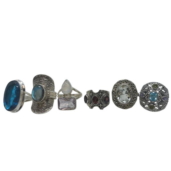6 New Faceted Crystal and Quartz Crystal Rings in Silver Settings * all stamped .925 (Garnet, Topaz