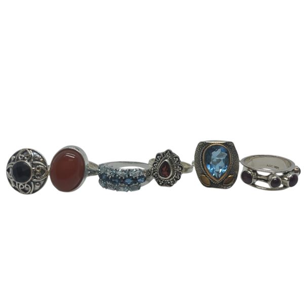 6 New Polished & Faceted Crystal and Gemstone Rings in Silver Settings * all stamped .925 (Garnet, R