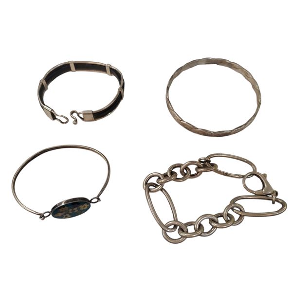 4 Sterling Silver Bracelets  (1 has leather inserts, 1 has enamel) * Total weight: 56 grams