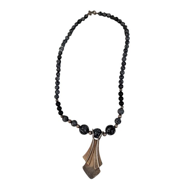 Sterling Silver Pendant on Graduated Snowflake Obsidian Bead Necklace (16" necklace * pendant is 1"