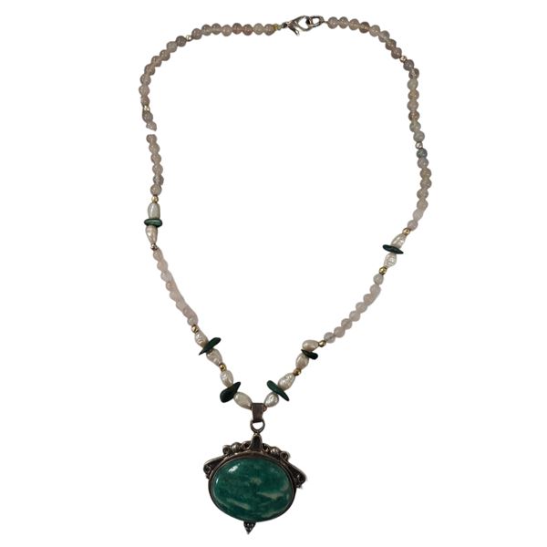 Amazonite Pendant Set in Sterling Silver on a Rose Quartz and Freshwater Pearl Necklace (16" necklac