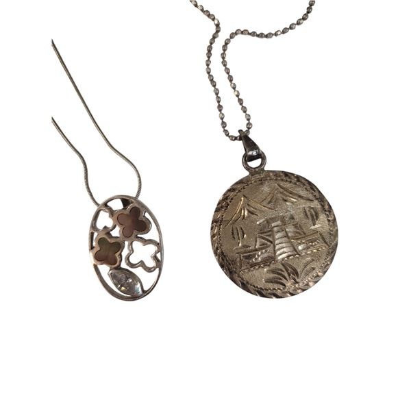 2 Vintage Sterling Silver Pendant Necklaces (Aztec Calendar & 1 Abalone & Crystal Slide Pendant) * T
