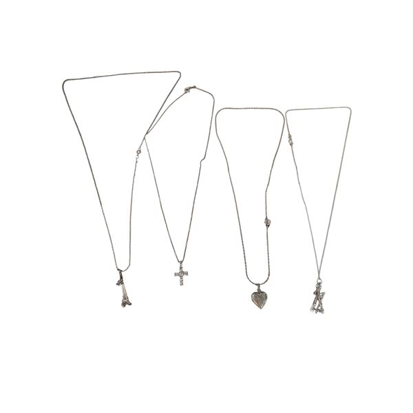4 Sterling Silver Necklaces (Crystal embedded 1" cross, Skis with Poles, Eiffel Tower & Mini Heart L