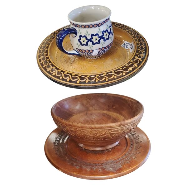 Polish Decorative Wooden Carved Plates & Boleslawiec Pottery Mug