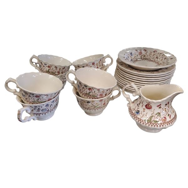 Vernon Kilns Desert Bloom Hand Painted Tea Cups & Saucers Creamer & Bowl 22 Pieces