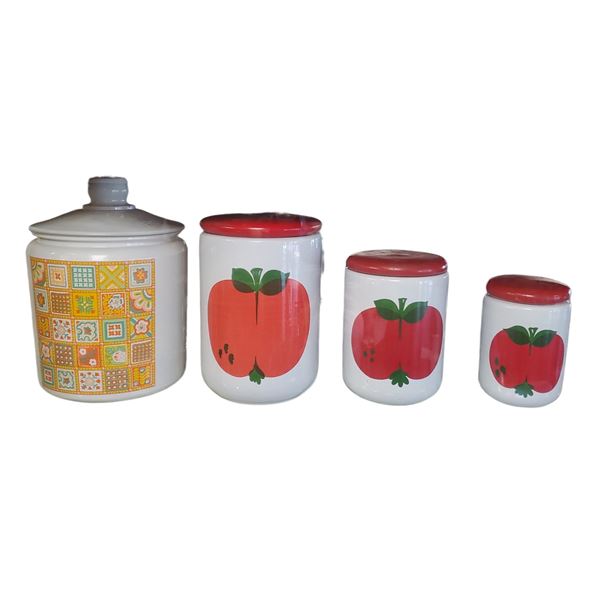 Collection of 4 Vintage Kitchen Counter Jars: Cookie, Flour, Sugar Etc Largest is 10.5" Tall