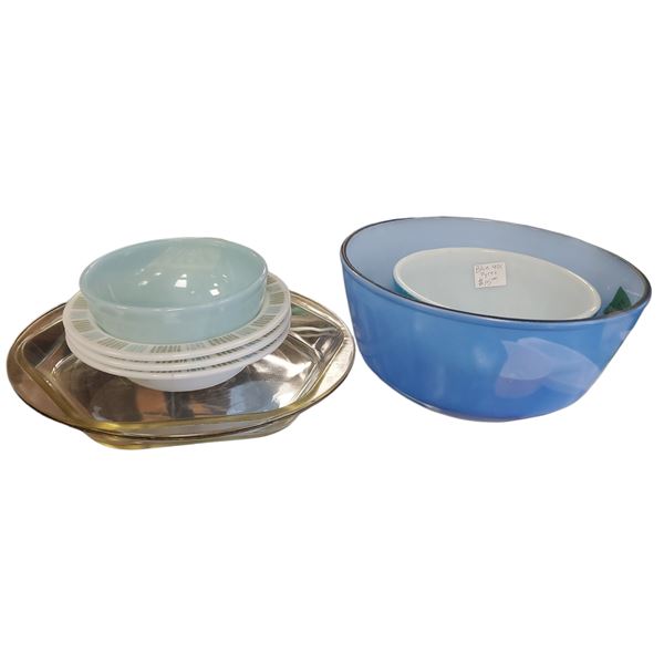 Assorted Bakeware: Fire King Delphite Bowl, Anchor Hocking Fire King Bowl, Early Pyrex & JAJ Bowls