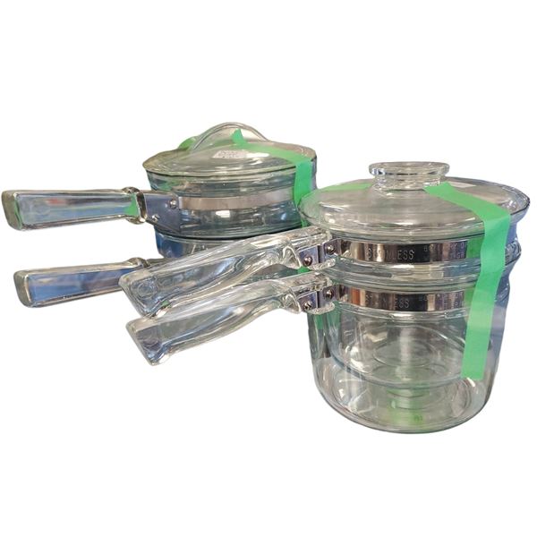 Set of Two Vintage Pyrex Double Boilers Two Sizes Glass & Metal