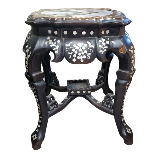 Chinese Rosewood Plant Stand Marble Top Mother of Pearl Inlay 18x18x18-Inch
