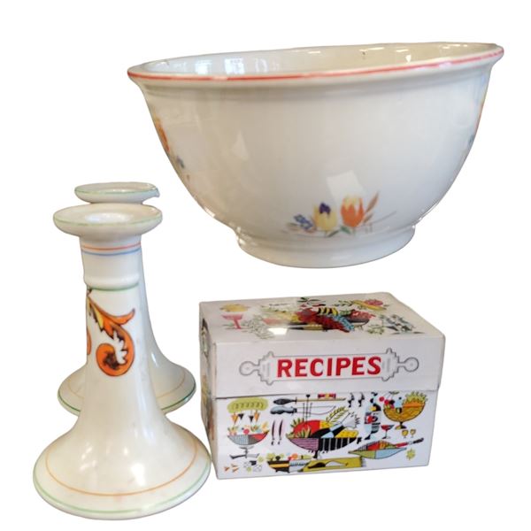 Vintage Kitchen Decoratives: Kitchen Craft Bowl Ceramic Candlestick Holders & Recipe Box
