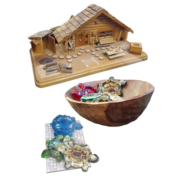 Wondermold Turtle Soap Trinket Dishes, Wooden Bowl, Mosaic Plate & Wood Cabin
