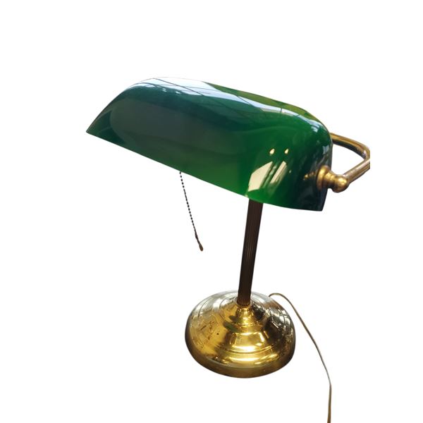Vintage Bankers Lamp Green Glass Shade Brass Base 14.5-Inch Tall