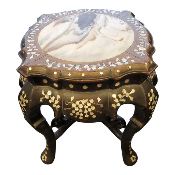 Chinese Rosewood Plant Stand Marble Top Mother of Pearl Inlay 18x18x18-Inch
