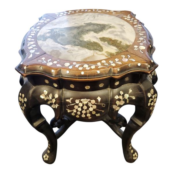 Chinese Rosewood Plant Stand Marble Top Mother of Pearl Inlay 18x18x18-Inch