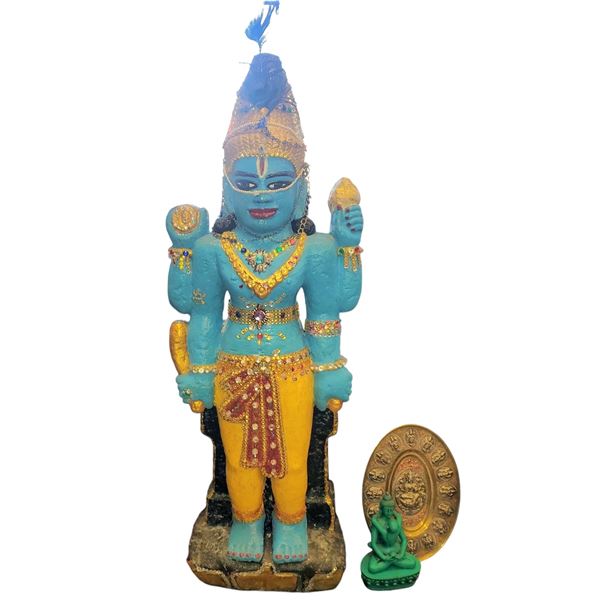 Hindu Guruvayurappan Statue 35" Tall,  Tanjore Brass Art Plate & Green Resin Samantabhadra Statues