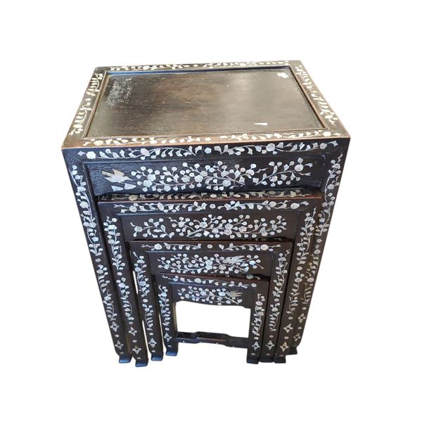 4 Piece Chinoisserre Chinese Nesting Table Mother of Pearl Inlay 19x14x27-Inch