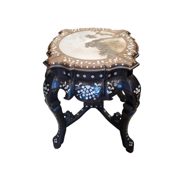 Chinese Rosewood Plant Stand Marble Top Mother of Pearl Inlay 18x18x18-Inch