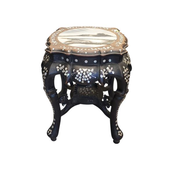 Chinese Rosewood Plant Stand Marble Top Mother of Pearl Inlay 18x18x18-Inch