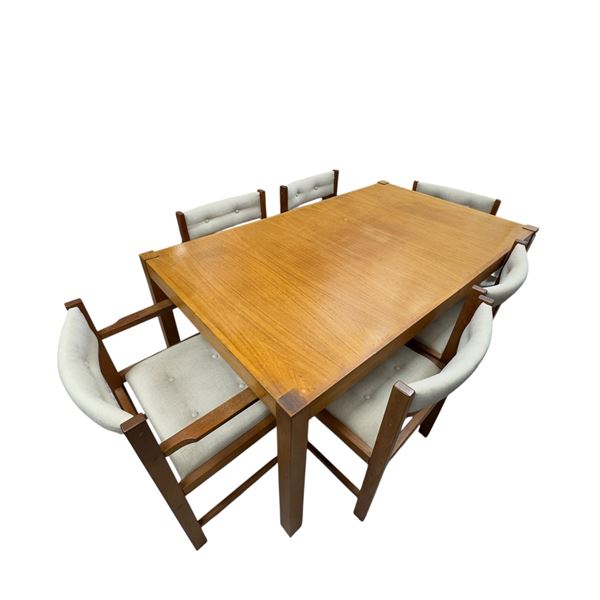 Vintage Teak Dining Table 60x36x25 with 6 Matching Chairs & Two 14-Inch Leaves