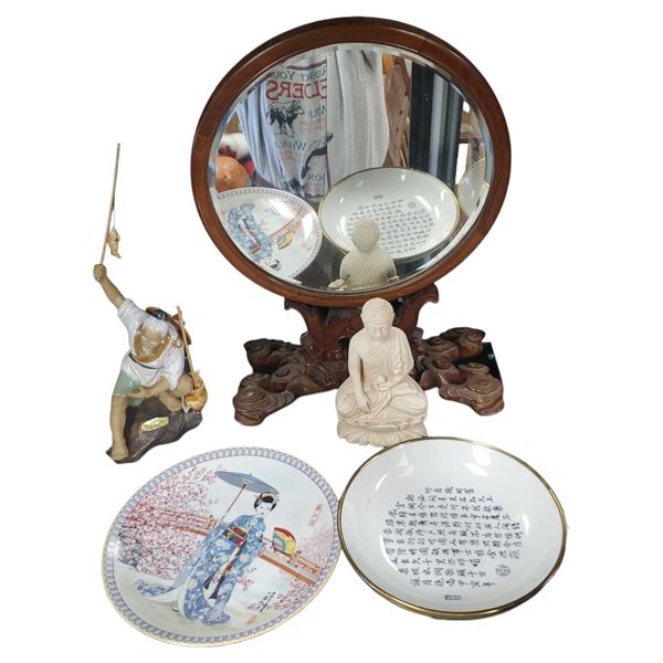 Asian Decorative Collectables: Mirror, Mudman Fisherman, Buddha & Jingdezhen Bowl & Japanese Plate