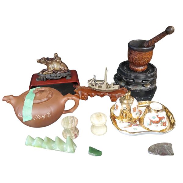 Asian Decorative Collectables: Teapot, Water Buffalo, Mortar & Pestle, Jade & More
