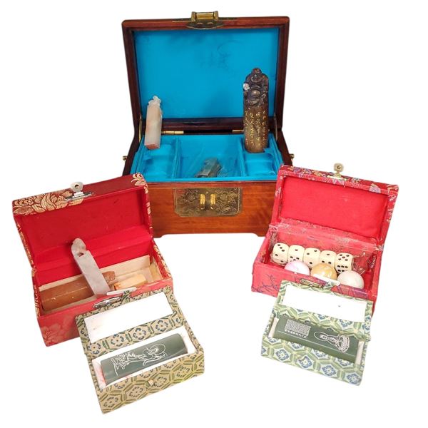 Chinese Stone Seals (Chops), Carved Balls & Wooden Box