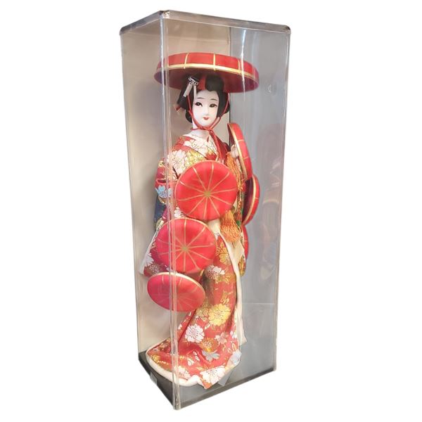 Japanese Geisha Doll in Box 16.5-Inch Tall Fabric Kimono on Stand