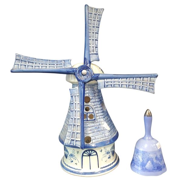 Delft Holland Ceramic Windmill 14.5-Inch Tall & Small Ceramic Bell