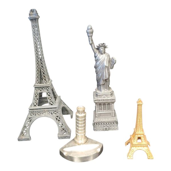 Collection of Assorted Cast Metal Souvenirs Eiffel Tower Statue of Liberty & Leaning Tower of Pisa